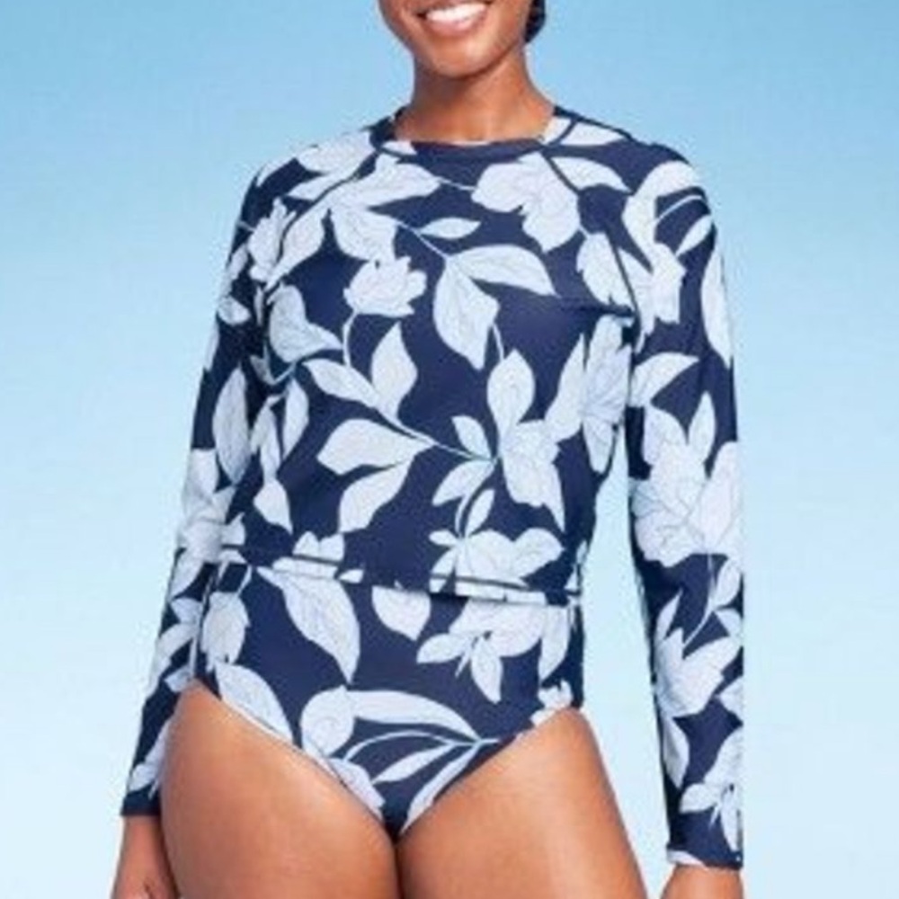 Kona Sol Navy Blue Floral Swim Top Rash Guard Women’s XL (16) New NWT